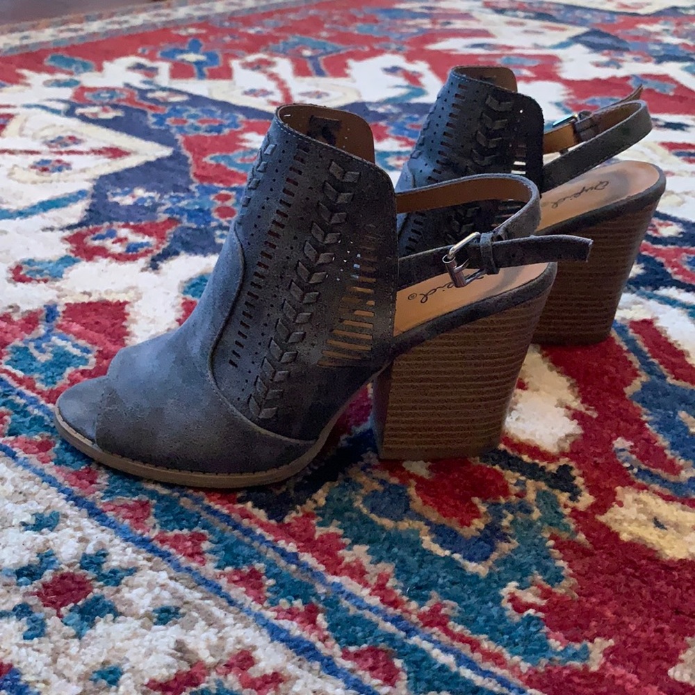 Qupid Gray Faux Suede Peep Toe Slingback Heels